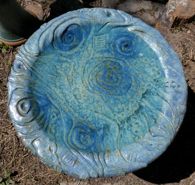Large carved Matte Turquoise Bird Bath