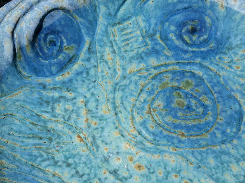 Large carved Matte Turquoise Bird Bath (detail)