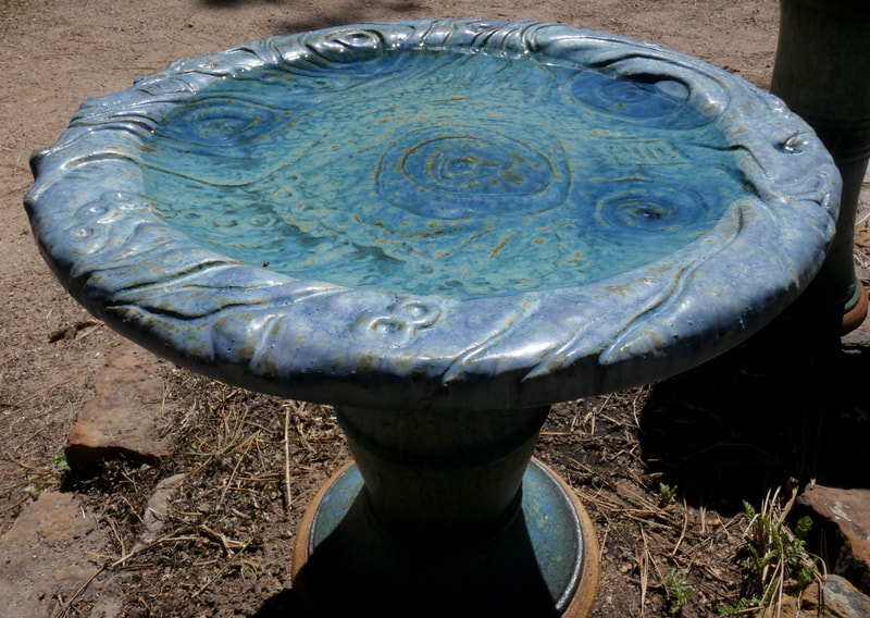 Large carved Matte Turquoise Bird Bath